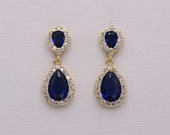 Sapphire Bridal Earrings, Bridal earring jewelry, Blue Gold Earrings, bridal jewelry, Kensley Sapphire Gold Earrings