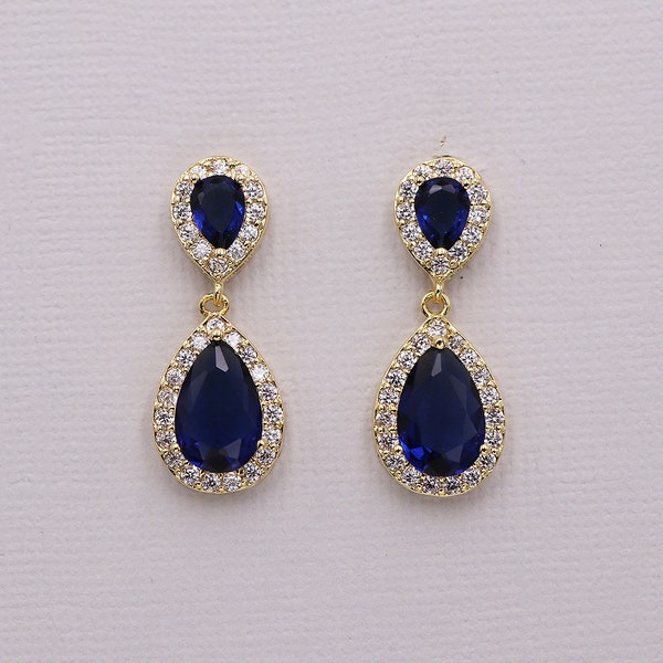 Sapphire Bridal Earrings, Bridal earring jewelry, Blue Gold Earrings, bridal jewelry, Kensley Sapphire Gold Earrings