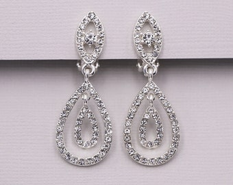 Clip on crystal earrings, clip on rhinestone earrings, clip on wedding earrings, bridal jewelry, Bridget Silver Clip Earrings