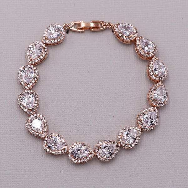 Bracelet de mariée en or rose, bracelet de mariage, bracelet cz, bracelet en zircone cubique, bijoux de mariée, bracelet en or rose Marley Pear