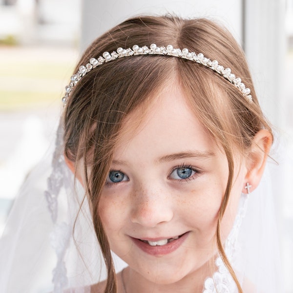 Pearl Flower Girl Headband, wedding headband, wedding headpiece, rhinestone tiara, Harley Pearl Flower Girl Headband