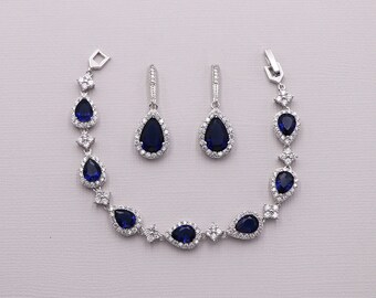 Sapphire Wedding Bracelet Set, cubic zirconia earrings, bridal jewelry, wedding earrings, Addison Sapphire Bracelet Jewelry Set
