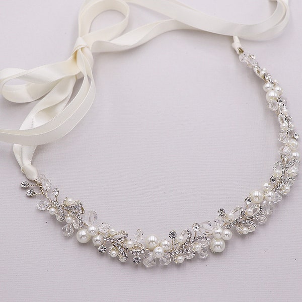 Liane pour cheveux en cristal, bandeau en ruban de perles, casque de mariage, bandeau en liane flexible, strass, bandeau en liane de perles Jaylah