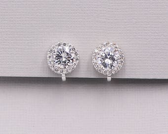 Clip on Earrings, CZ earrings, stud pave cubic zirconia earrings, clip on wedding jewelry, bridal jewelry, Ansley Clip on Earrings