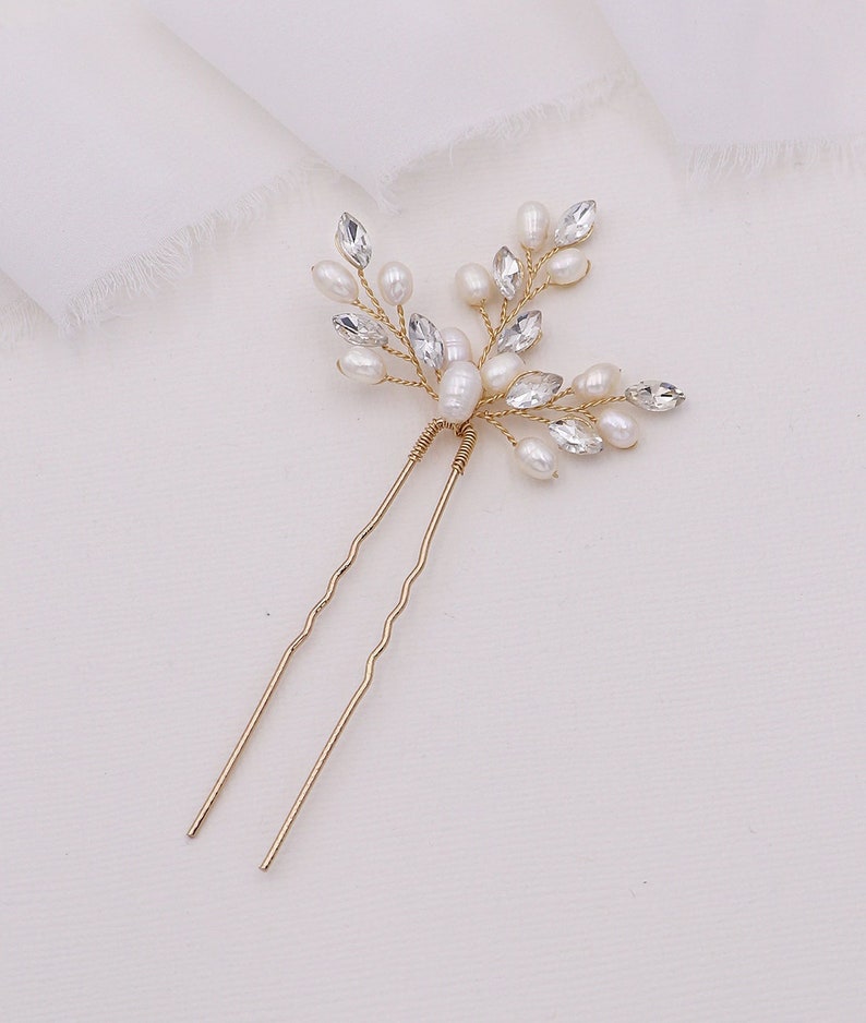 Crystal freshwater pearl wedding hair pin Gold, bridal hair accessories, Sold Individually, Aryana Pearl Gold Hairpin image 1