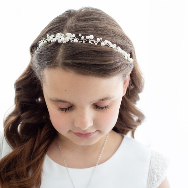 Flower Girl Headpiece, Girls Pearl Hair Vine, Flower Girl Headband, First Communion Crystal Hair Piece, Myah Flower Girl Hair Vine