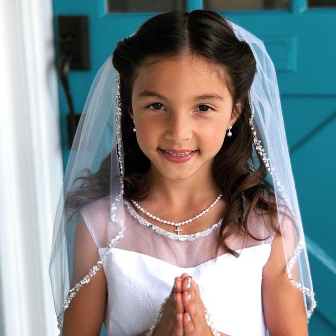 First Communion Veil Beaded Edge Veil One Tier Beaded Edge Etsy