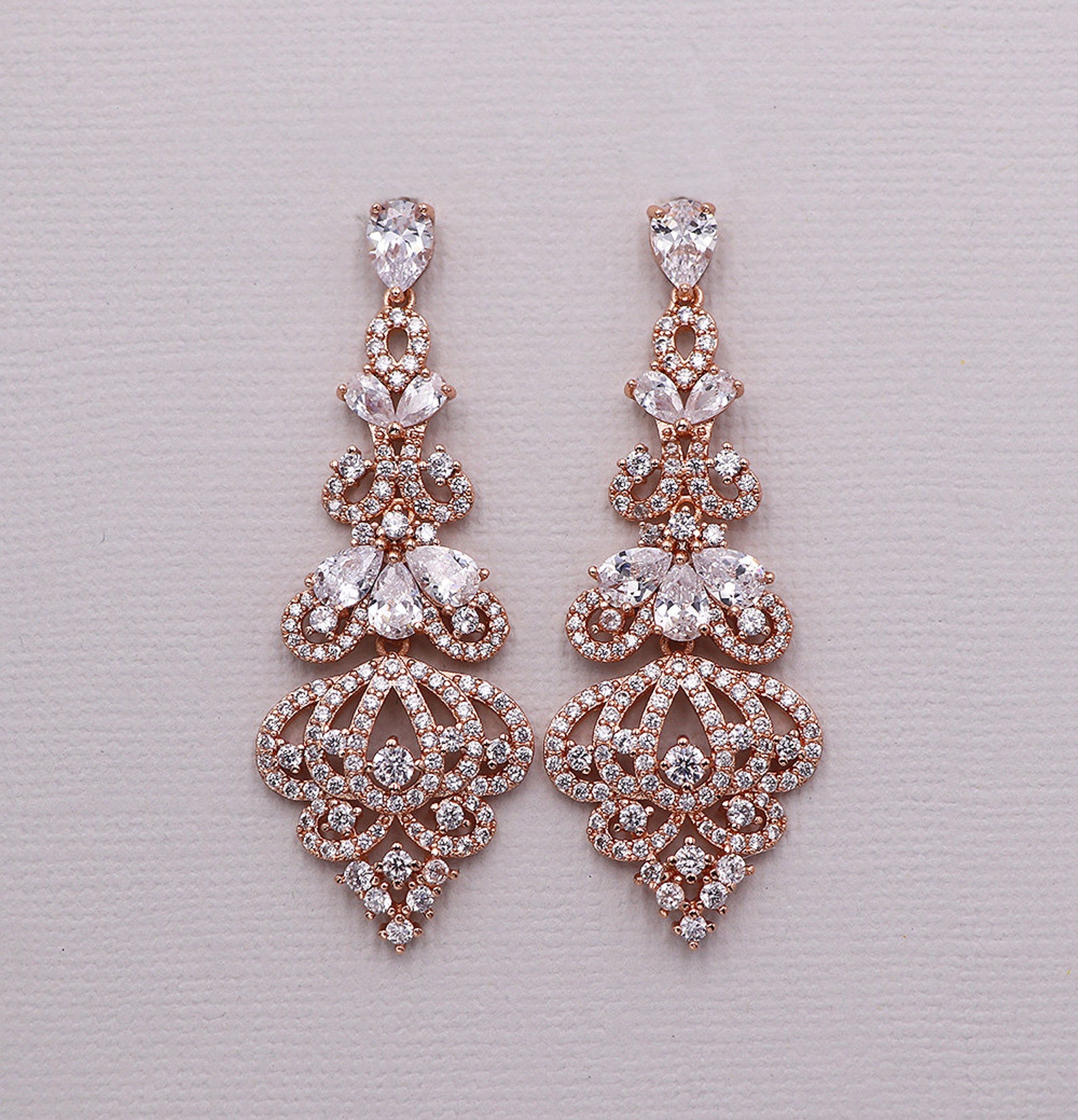 Rose Gold Chandelier Earrings Cubic Zirconia Earrings Bridal Etsy