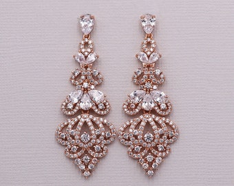 Rose Gold Chandelier Earrings, cubic zirconia earrings, bridal jewelry, Chandelier Wedding Earrings, Paisley Rose Gold Chandelier Earrings