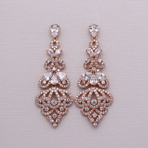 Rose Gold Bridal Earrings Wedding Jewelry Clear Zircon Crystal - Etsy