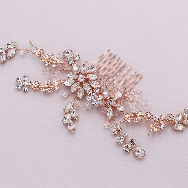 Large Rose Gold Crystal Comb, wedding hair comb, crystal rhinestone hair comb wedding headpieces, Kaylie Large Rose Gold Crystal Comb