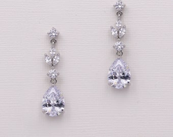 Crystal Wedding Earrings, Bridal Earrings, Cubic Zirconia, Silver Jewelry, Teardrop Pear Earrings, Nala Silver Earrings