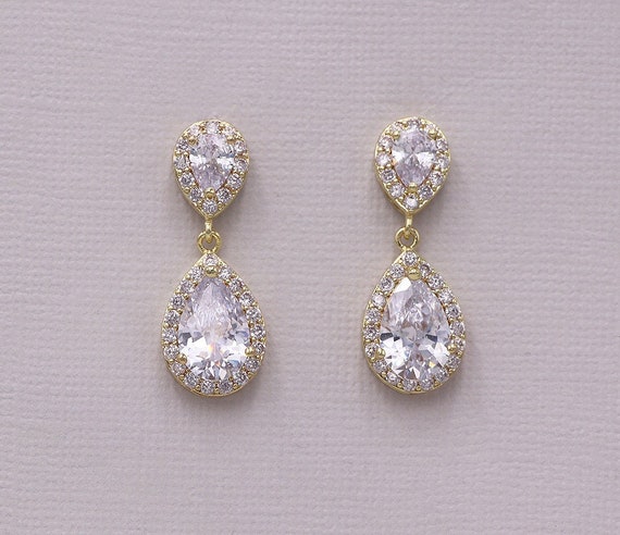 Gold Bridal Earrings Gold Cz Earrings Cubic Zirconia - Etsy