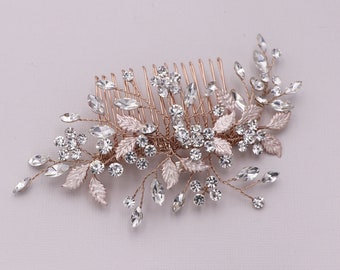 Floral Swarovski Crystal Comb Rose Gold, Large Wedding Comb, Handmade Wedding Comb, Crystal Bridal Comb, Kendra Rose Gold Crystal Hair Comb