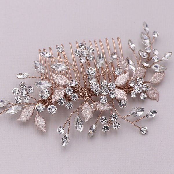 Floral Swarovski Crystal Comb Rose Gold, Large Wedding Comb, Handmade Wedding Comb, Crystal Bridal Comb, Kendra Rose Gold Crystal Hair Comb