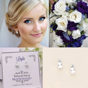 Bridesmaid Earrings, Pearl Stud Earrings, Bridesmaids Gifts, Bridesmaid Jewelry Gift, Triple CZ pearl stud earrings, Madelyn CZ Earrings