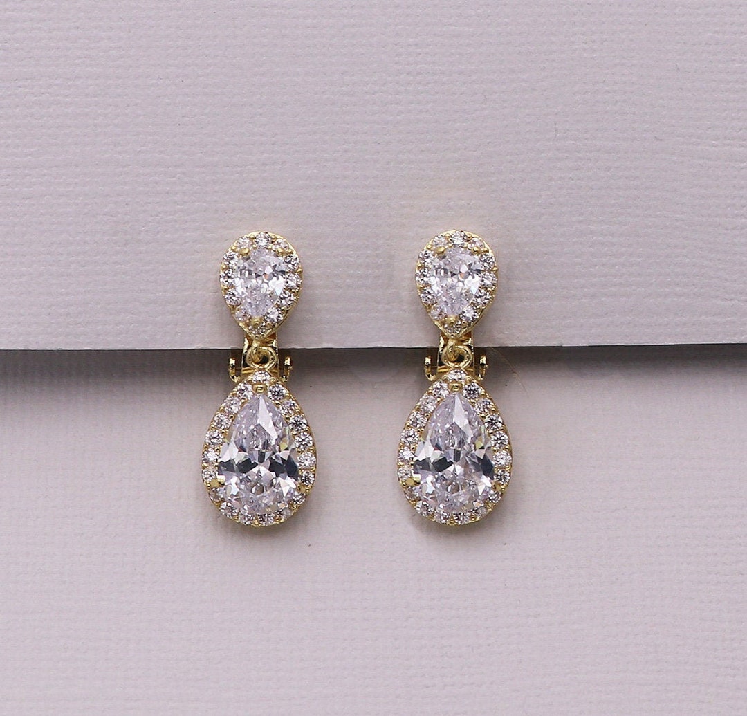 Gold Clip on Earrings Pear Cubic Zirconia Earrings Clip on Etsy UK