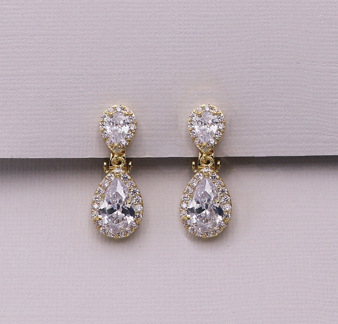Gold Clip on Earrings, pear cubic zirconia earrings, clip on wedding