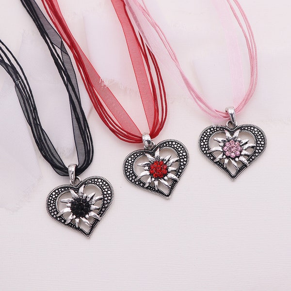 Dirndl Oktoberfest Bavarian Necklace Edelweiss Rhinestone Heart Pendant Necklace