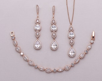 Conjunto de joyas de boda de oro rosa, conjunto de collar de boda, conjunto de joyas de dama de honor, pendientes de oro rosa Bridgette, conjunto de joyas de collar y pulsera