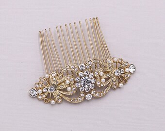 Gold Crystal Pearl Wedding Comb, Bridal Comb pearl, Wedding Crystal Hair Comb, Hair Comb, Wedding Accessory, Jayla Gold Pearl Comb