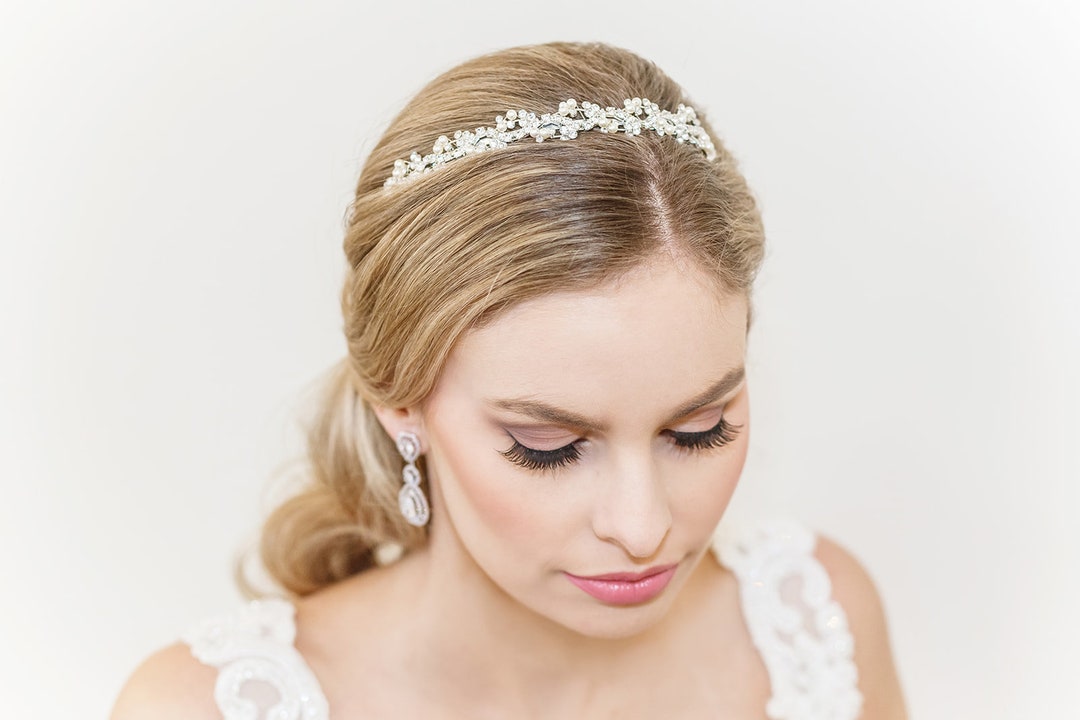 Wedding Headwear Set Pearl Crystal Ribbon Headband and One Tier Soft Sheer  Plain Bridal Veil TSDZ037