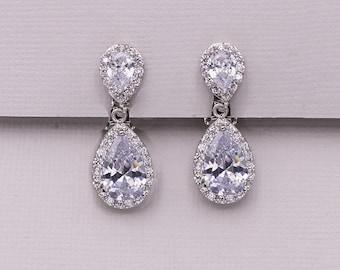 Clip on CZ earrings, pear cubic zirconia earrings, clip on wedding earrings, bridal jewelry, wedding earrings, Kensley Clip on Earrings