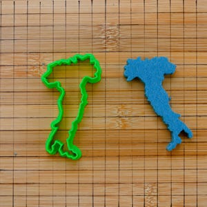 Può includere: Due oggetti a forma di Italia. Uno è un contorno verde brillante, l'altro è una forma blu piena. Entrambi sono su un tagliere di legno con un motivo a griglia.