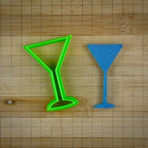 May include: Two cookie cutters in the shape of martini glasses. The left cutter is green and the right cutter is blue.