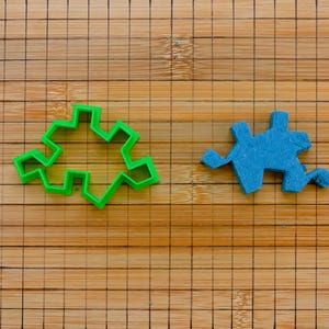 Puede incluir: Dos piezas de rompecabezas, una verde y otra azul, sobre una tabla de cortar de bambú. La pieza verde tiene forma de engranaje, mientras que la azul tiene la forma estándar de un rompecabezas. La tabla tiene un patrón de cuadrícula.