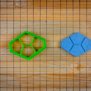 Peut inclure: Un emporte-pièce en plastique vert en forme d'hexagone avec cinq plus petits hexagones à l'intérieur. À côté, un biscuit bleu en forme d'hexagone avec cinq plus petits hexagones à l'intérieur.