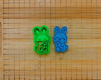 Bunny Stamp Cookie Cutter - Smiling Rabbit Eating  Carrot - Hungry Little Rabbit - Happy Adorable Mold