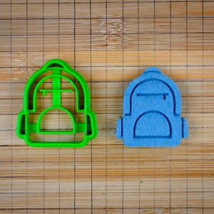 Puede incluir: Un cortador de galletas de plástico verde y un recorte de fondant azul de una mochila.
