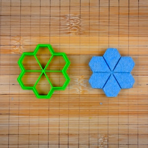 Op de afbeelding: Een groene plastic sneeuwvlokkenkoekjesvormer en een blauwe vilt sneeuwvlok op een houten snijplank.