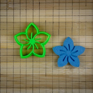 Puede incluir: Dos cortadores de galletas con forma de flor. El cortador de la izquierda es verde y el de la derecha es azul.