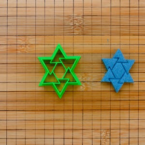 Puede incluir: Dos cortadores de galletas en forma de estrella. Uno es verde brillante y el otro azul. El cortador verde tiene un diseño geométrico, mientras que el azul tiene una superficie texturizada. Ambos están sobre una superficie de madera.