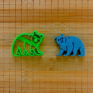 May include: Two cookie cutters shaped like bears. The bear on the left is green and the bear on the right is blue.
