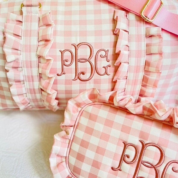 Pink Gingham Travel Bag Set | Personalized Overnight Set | Monogrammed Duffle Bag Set | Gift for Her | Pink Gift | Personalized Gifts