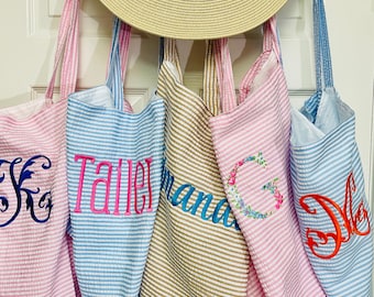 Monogrammed Seersucker Beach Bag: Large Cotton Hobo Tote