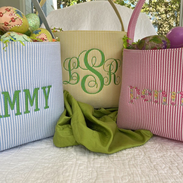 Monogrammed Seersucker Easter Basket | Personalized Easter Bucket | Easter Decor | Easter Gift | Easter Egg Hunt Tote