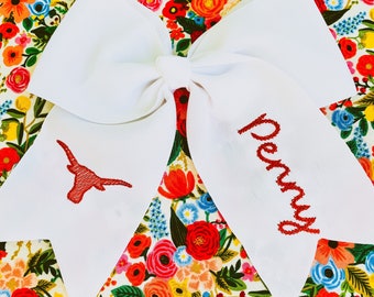 Monogrammed Longhorn Hair Bow: Embroidered Texas Cheer Bow