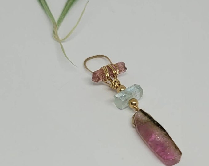 Watermelon and aquamarine tourmaline pendant necklace in 14k gold filled