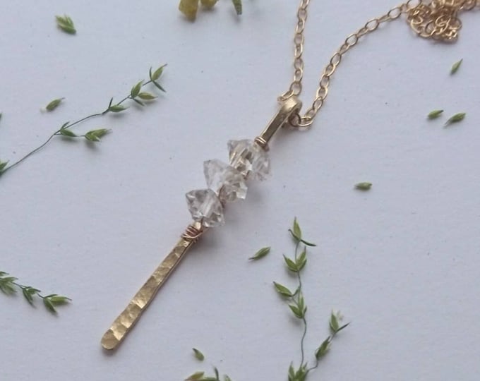 Herkimer diamond stick pendant, hammered jewelry, artisan luxe