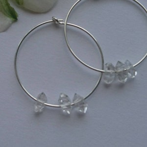 Hoop earrings with herkimer diamonds, skinny hoops, minimal jewelry, recycled sterling silver