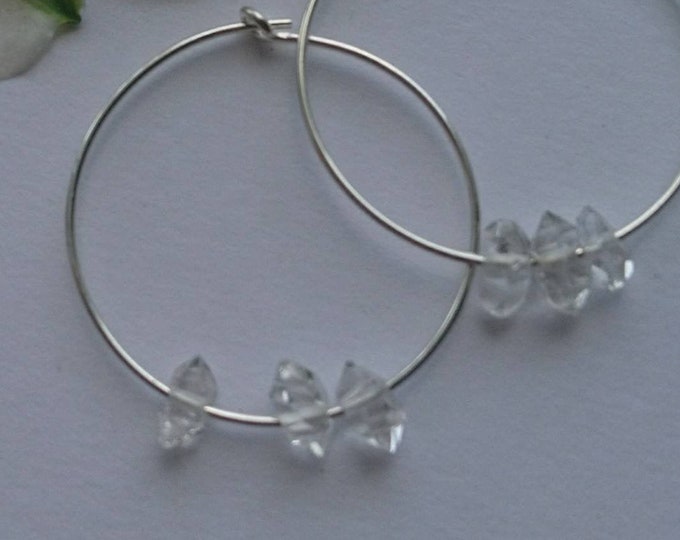 Hoop earrings with herkimer diamonds, skinny hoops, minimal jewelry, recycled sterling silver