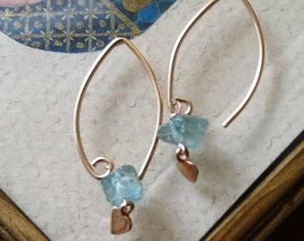 Raw apatite earrings wishbone design with rose gold heart,rose gold drop earrings, dainty apatite jewellery,march birthstone,gift for her