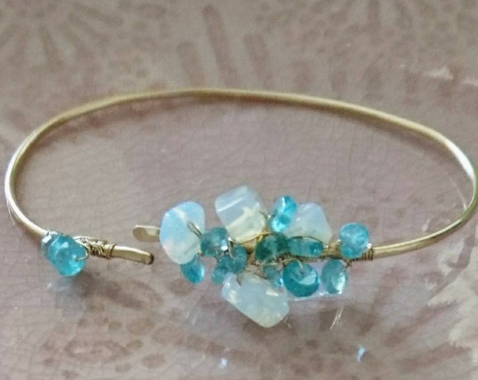 Gemstone bangle in 14k gold fill, apatite and opal quartz wire wrapped jewellery, gift for her birthday, anniversary present, boho style