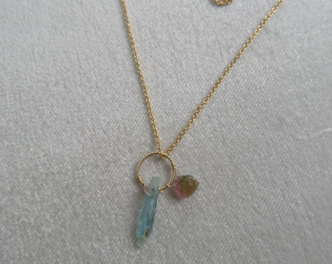 Dainty watermelon tourmaline and aquamarine necklace and ring set, raw gemstone jewelry, Christmas gift for her