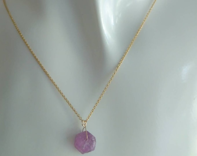 Raw pink sapphire necklace in 14k gold fill