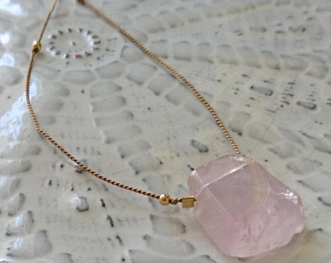 Rose quartz necklace with gold beads, gemstone on silk,pink crystal necklace, boho summer, on trend pastels,best friend gift, present for me